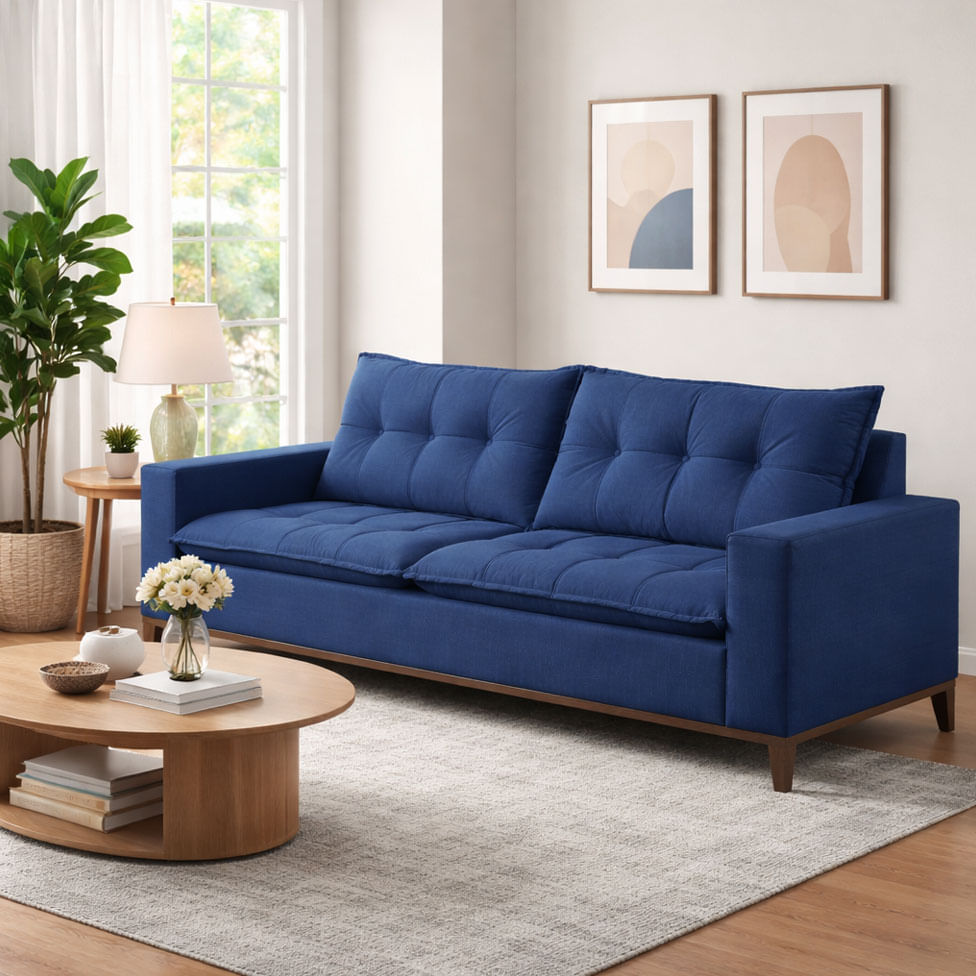 Sofa Rio Fixo em Linho Azul Base Canela 1,80m - Imagem 2