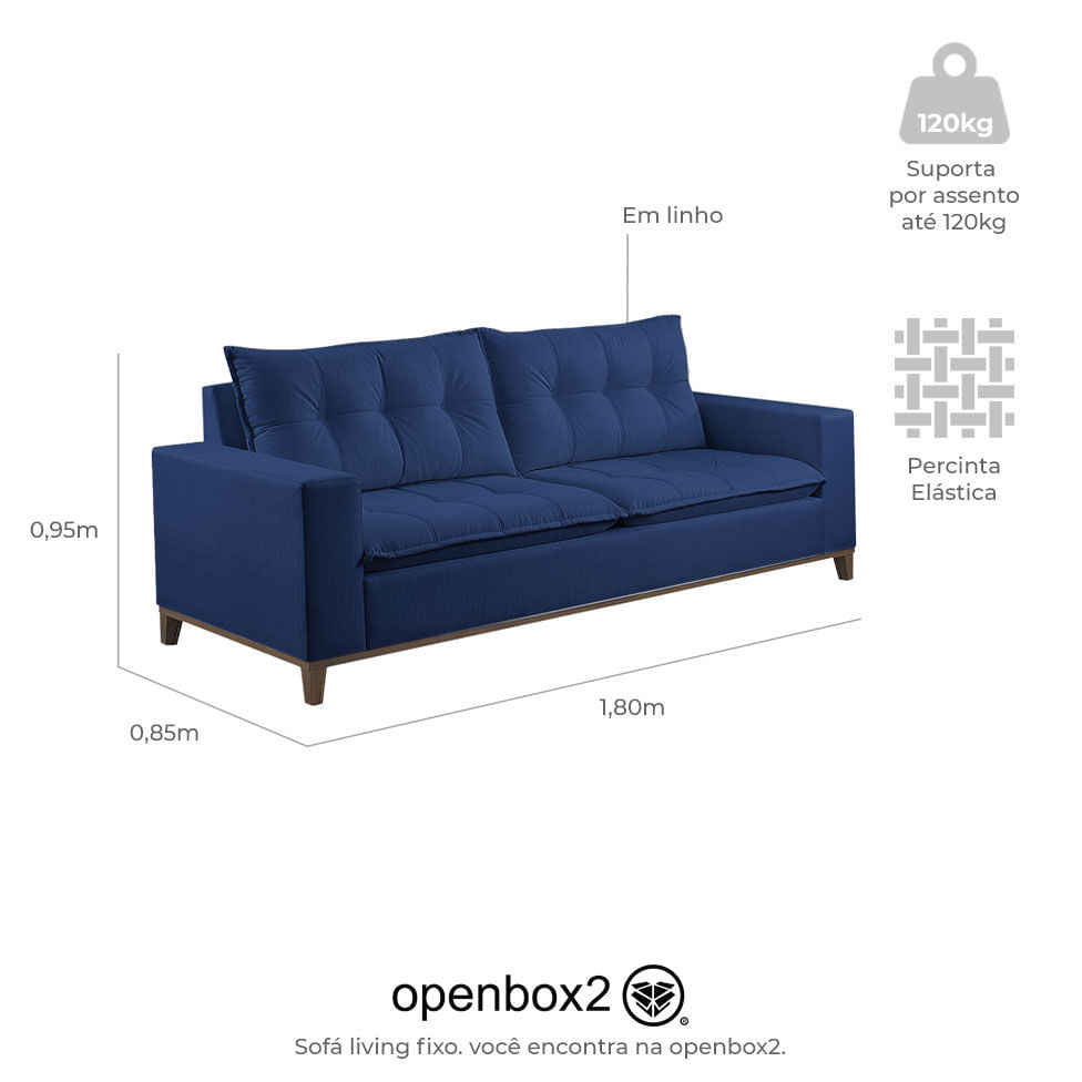Sofa Rio Fixo em Linho Azul Base Canela 1,80m - Imagem 3