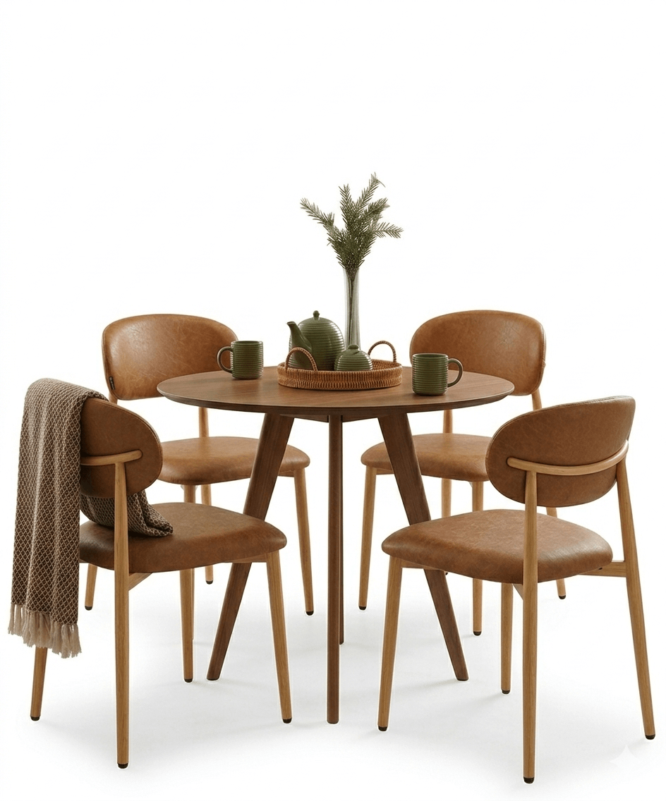 Kit Mesa de Jantar Kie Tampo Mel 90cm com 4 Cadeiras Athenas em Corino Caramelo