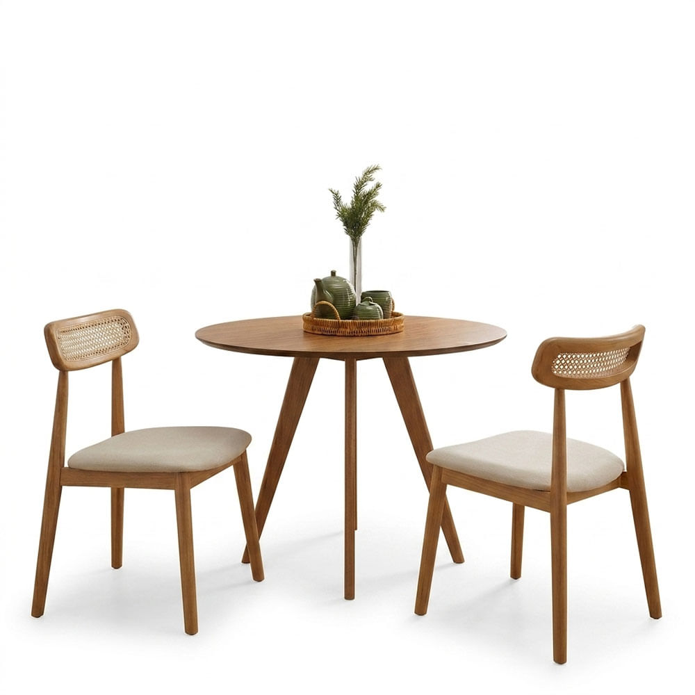 Kit Mesa de Jantar Kie Tampo Mel 90cm com 2 Cadeiras Palladium em Tecido Cru com Tela