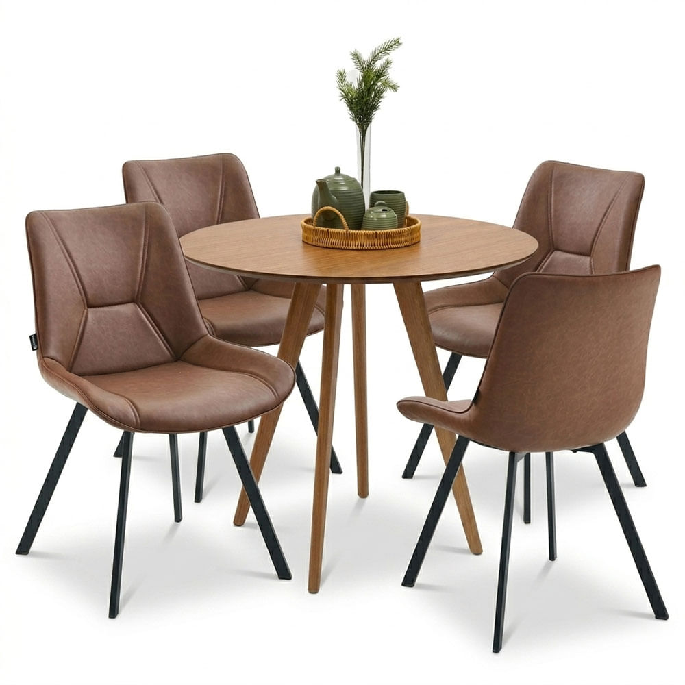 Kit Mesa de Jantar Kie Tampo Mel 90cm com 2 Cadeiras Berlim em Courino Caramelo