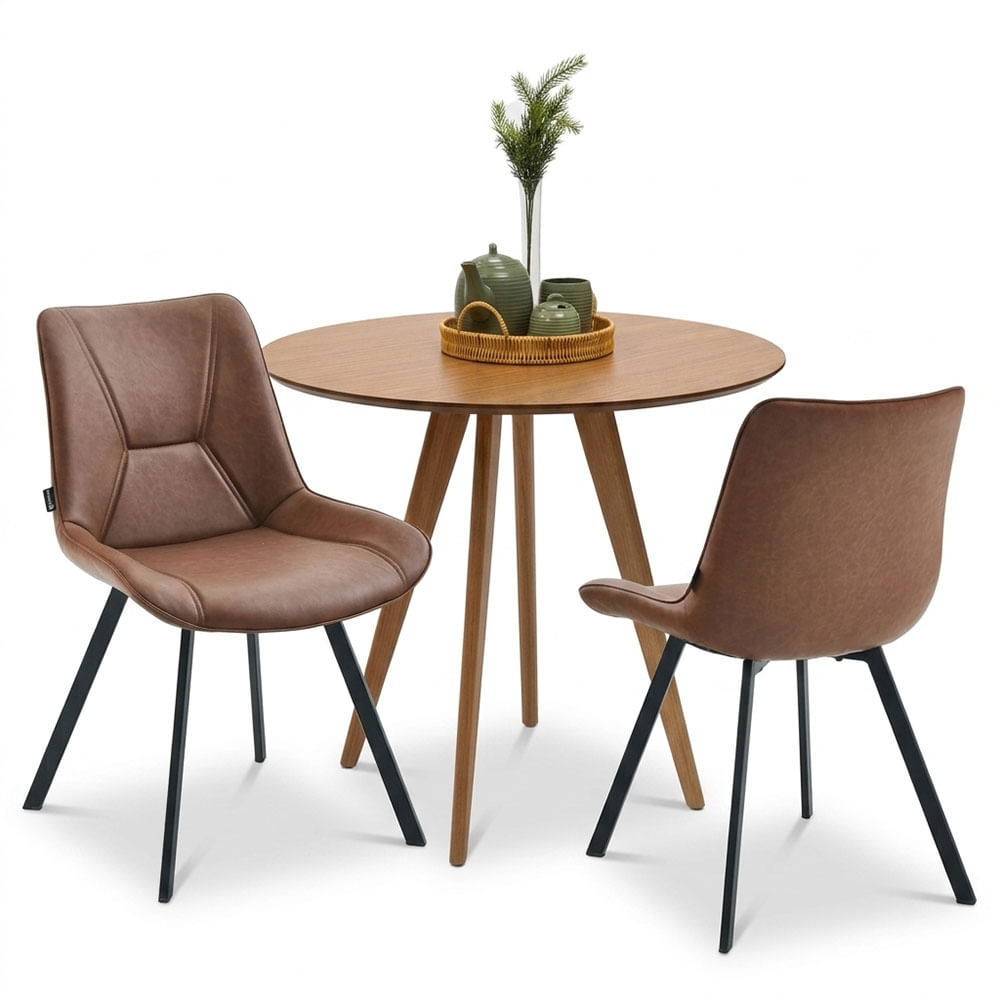 Kit Mesa de Jantar Kie Tampo Mel 90cm com 2 Cadeiras Berlim em Courino Caramelo