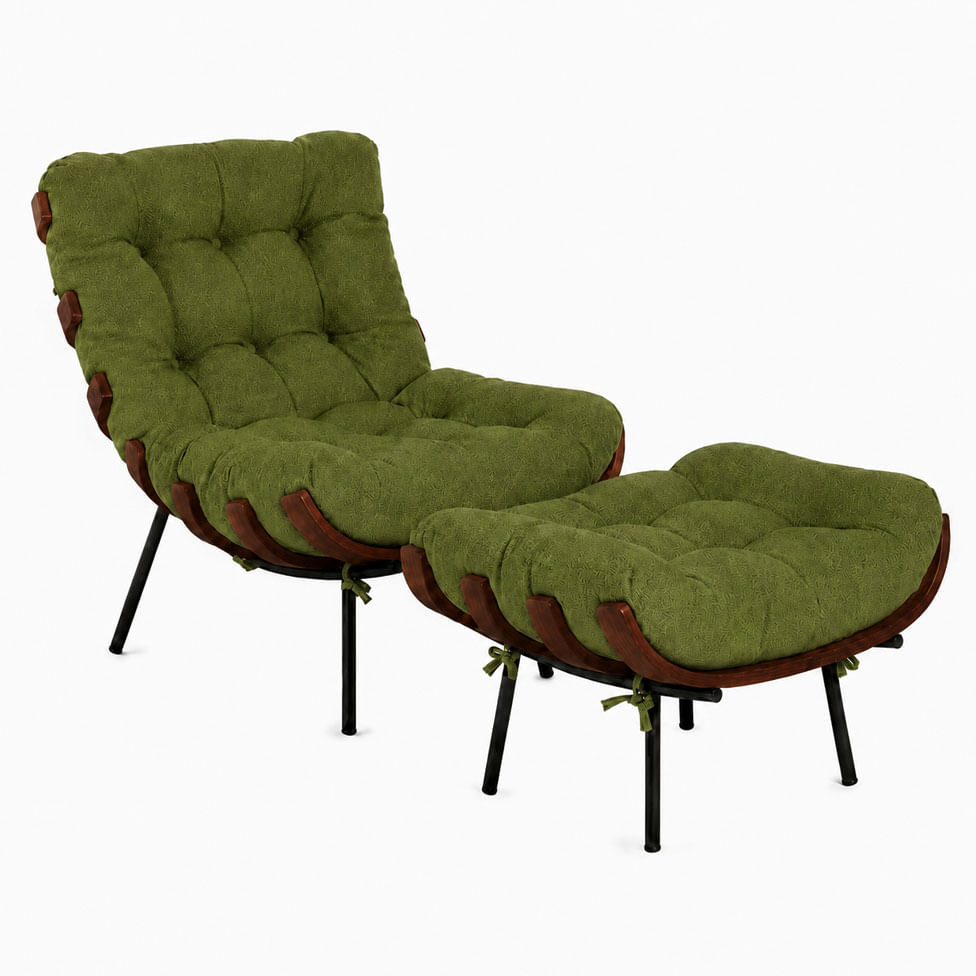 Poltrona Costela com Puff em Linho Verde